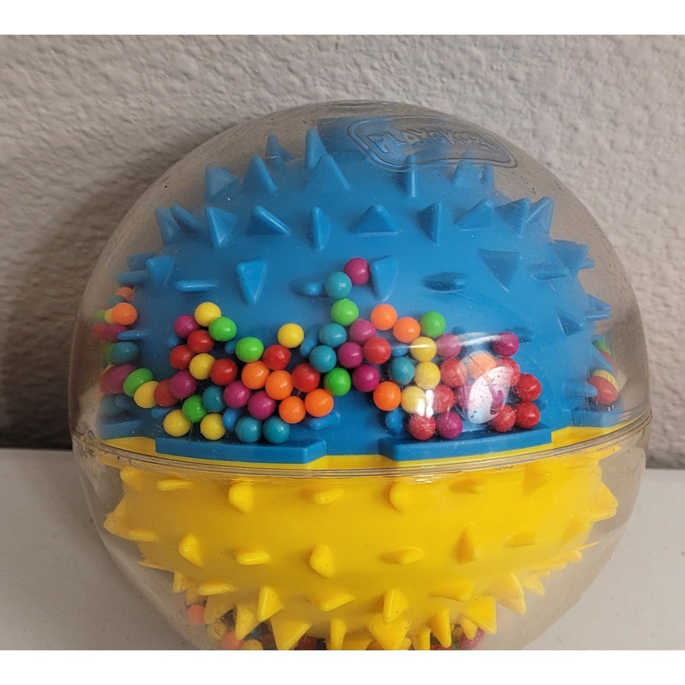 Playskool Clacker Ball Baby Toy Blue Yellow Rattle Spiky Sensory Beads Vintage